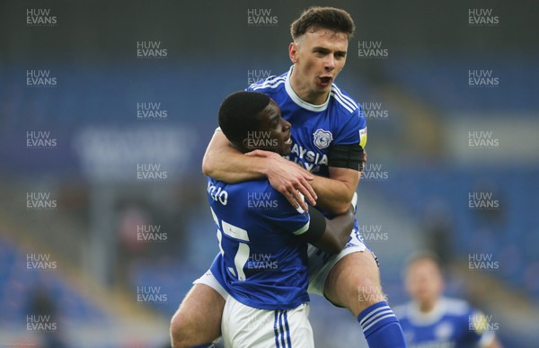 281120 - Cardiff City v Luton Town, Sky Bet Championship - Mark Harris of Cardiff City celebrates with Sheyi Ojo of Cardiff City after scoring the second goal