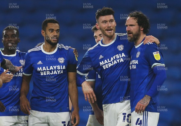 281120 - Cardiff City v Luton Town, Sky Bet Championship - Kieffer Moore of Cardiff City, second right,  celebrates with team mates after scoring City's third goal