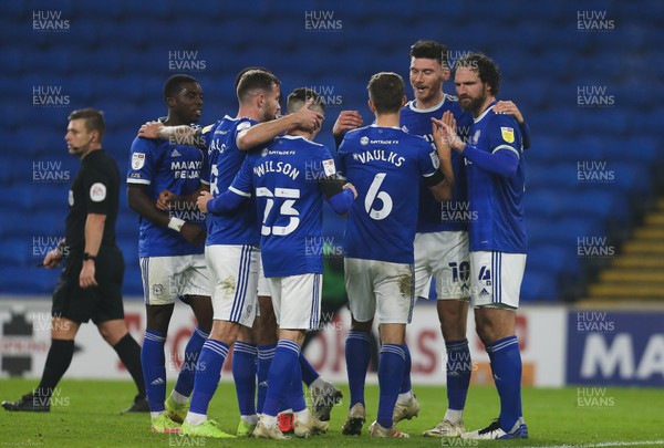 281120 - Cardiff City v Luton Town, Sky Bet Championship - Kieffer Moore of Cardiff City, second right,  celebrates with team mates after scoring City's third goal