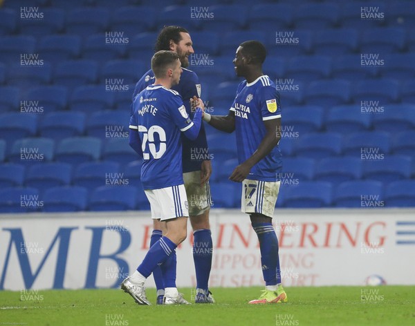 281120 - Cardiff City v Luton Town, Sky Bet Championship - Sheyi Ojo of Cardiff City is congratulated by Sean Morrison of Cardiff City after scoring the fourth goal