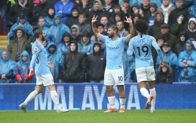 220918 - Cardiff City v Manchester City, Premier League - Sergio Aguero of Manchester City celebrates after scoring the first goal