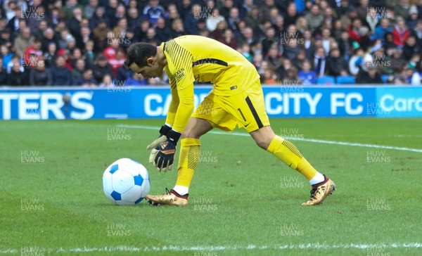 280118 - Cardiff City v Manchester City, Emirates FA Cup Fourth Round - Manchester City goalkeeper Claudio Bravo removes an inflatable ball that has been thrown onto the pitch