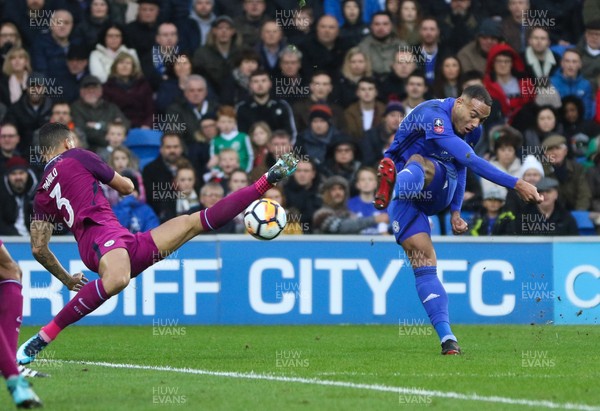 280118 - Cardiff City v Manchester City, Emirates FA Cup Fourth Round - Kenneth Zohore of Cardiff City fires a shot at goal as Danilo of Manchester City closes in