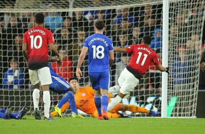 221218 - Cardiff City v Manchester United, Premier League - Anthony Martial of Manchester United scores United's third goal