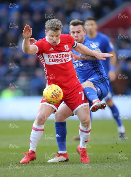 170218 - Cardiff City v Middlesbrough, Sky Bet Championship - Grant Leadbitter of Middlesbrough is challenged by Joe Ralls of Cardiff City