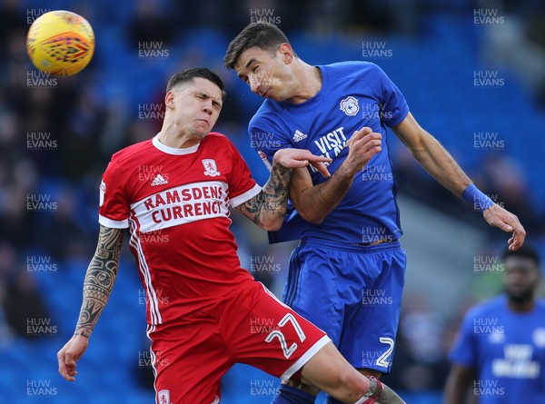 170218 - Cardiff City v Middlesbrough, Sky Bet Championship - Marko Grujic of Cardiff City heads the ball past Muhamed Besic of Middlesbrough
