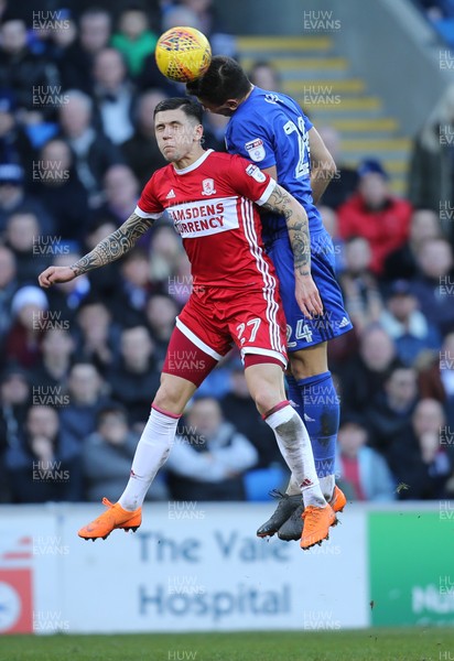 170218 - Cardiff City v Middlesbrough, Sky Bet Championship - Marko Grujic of Cardiff City beats Muhamed Besic of Middlesbrough to head the ball
