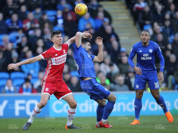 170218 - Cardiff City v Middlesbrough, Sky Bet Championship - Daniel Ayala of Middlesbrough and Callum Paterson of Cardiff City compete for the ball