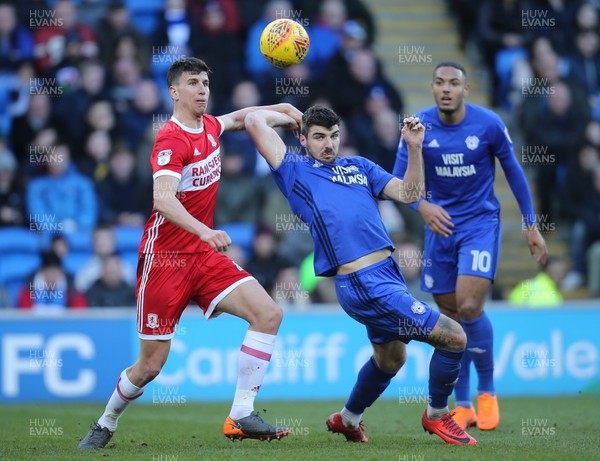 170218 - Cardiff City v Middlesbrough, Sky Bet Championship - Daniel Ayala of Middlesbrough and Callum Paterson of Cardiff City compete for the ball