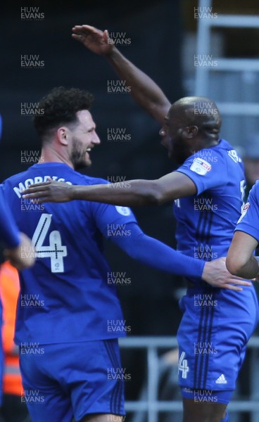 170218 - Cardiff City v Middlesbrough, Sky Bet Championship - Sean Morrison of Cardiff City, left, and Sol Bamba of Cardiff City celebrate after scoring goal