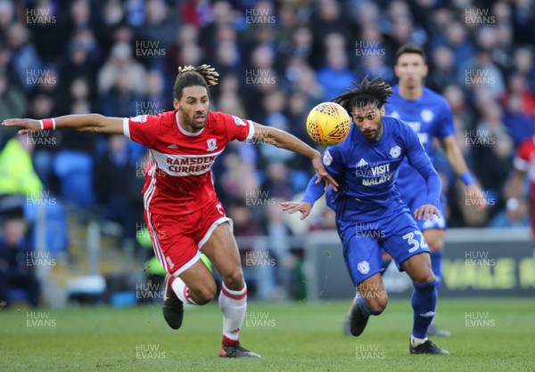 170218 - Cardiff City v Middlesbrough, Sky Bet Championship - Armand Traore of Cardiff City and Ryan Shotton of Middlesbrough chase the ball