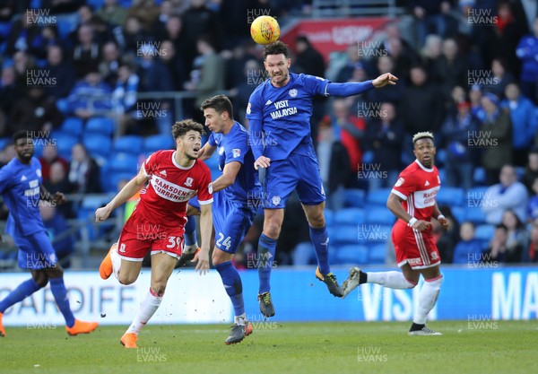 170218 - Cardiff City v Middlesbrough, Sky Bet Championship - Sean Morrison of Cardiff City heads the ball forward