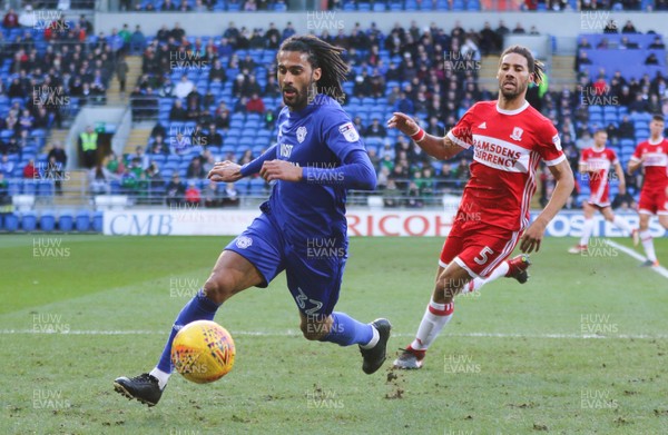 170218 - Cardiff City v Middlesbrough, Sky Bet Championship - Armand Traore of Cardiff City wins the ball from Ryan Shotton of Middlesbrough