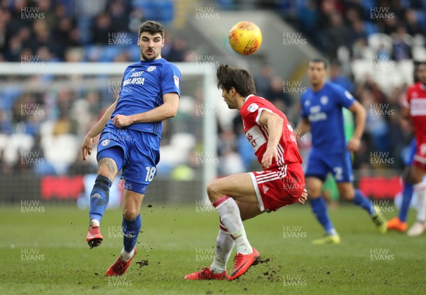 170218 - Cardiff City v Middlesbrough, Sky Bet Championship - Callum Paterson of Cardiff City plays the ball past George Friend of Middlesbrough