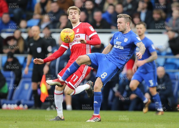 170218 - Cardiff City v Middlesbrough, Sky Bet Championship - Joe Ralls of Cardiff City and Patrick Bamford of Middlesbrough compete for the ball