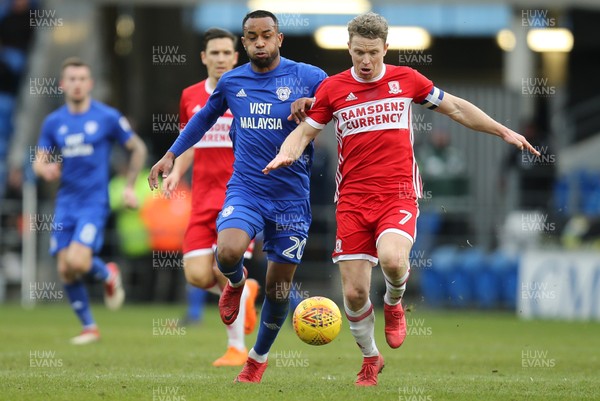 170218 - Cardiff City v Middlesbrough, Sky Bet Championship - Loic Damour of Cardiff City and Grant Leadbitter of Middlesbrough look to win the ball