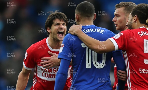 170218 - Cardiff City v Middlesbrough, Sky Bet Championship - George Friend of Middlesbrough voices his displeasure at Kenneth Zohore of Cardiff City at the end of the match