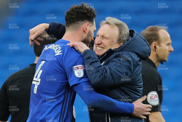 170218 - Cardiff City v Middlesbrough, Sky Bet Championship - Cardiff City manager Neil Warnock celebrates the win with goalscorer Sean Morrison of Cardiff City at the end of the match