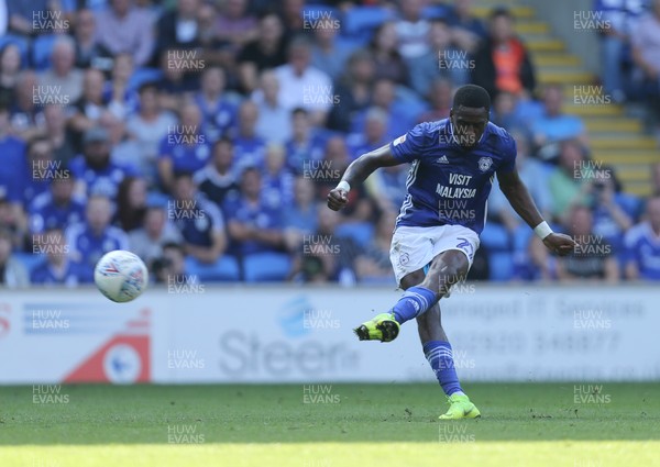 210919 - Cardiff City v Middlesbrough, SkyBet Championship - Omar Bogle of Cardiff City fires a free kick at goal