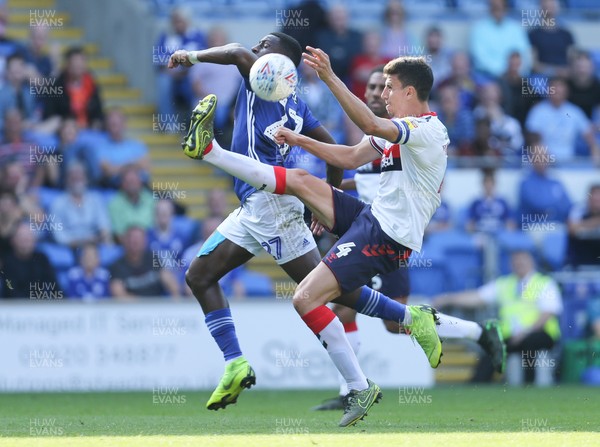210919 - Cardiff City v Middlesbrough, SkyBet Championship - Omar Bogle of Cardiff City and Daniel Ayala of Middlesbrough compete for the ball