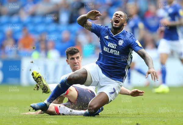 210919 - Cardiff City v Middlesbrough, SkyBet Championship - Leandro Bacuna of Cardiff City is brought down by Daniel Ayala of Middlesbrough
