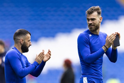 270424 - Cardiff City v Middlesbrough - Sky Bet Championship - Manolis Siopis & Dimitris Goutas of Cardiff City at full time