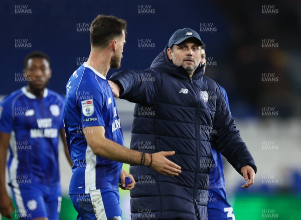 091223  - Cardiff City v Millwall, EFL Sky Bet Championship - Cardiff City manager Erol Bulut with goalscorer Dimitrios Goutas at the end of the match