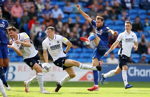 210821 - Cardiff City v Millwall - SkyBet Championship - Joe Ralls of Cardiff City can�t get the ball past the Millwall defence