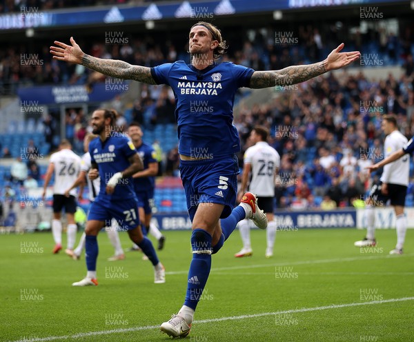 210821 - Cardiff City v Millwall - SkyBet Championship - Aden Flint of Cardiff City celebrates scoring his first goal