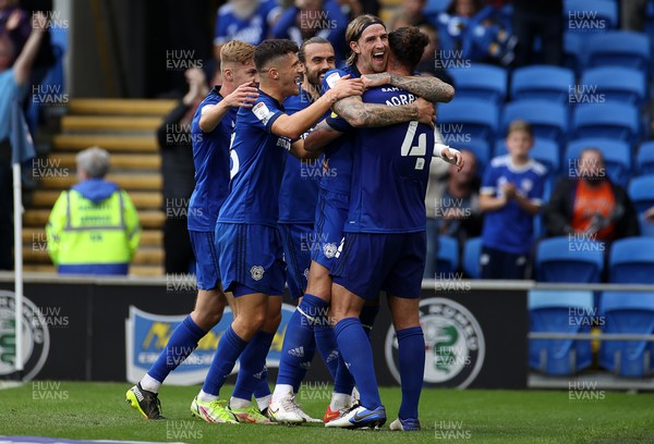210821 - Cardiff City v Millwall - SkyBet Championship - Sean Morrison celebrates with Aden Flint of Cardiff City after scoring a goal