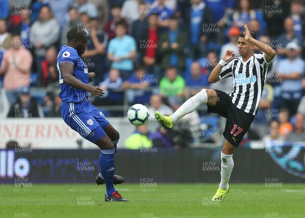 180818 - Cardiff City v Newcastle United, Premier League - Ayoze Perez of Newcastle United and Sol Bamba of Cardiff City compete for the ball