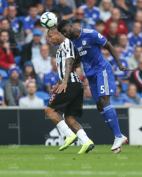 180818 - Cardiff City v Newcastle United, Premier League - Kenneth Zohore of Cardiff City and Kenedy of Newcastle United compete for the ball