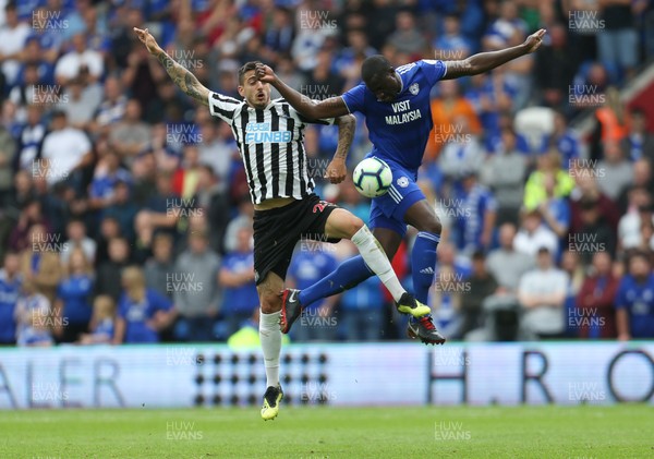 180818 - Cardiff City v Newcastle United, Premier League - Sol Bamba of Cardiff City and Joselu of Newcastle United compete to win the ball