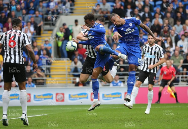 180818 - Cardiff City v Newcastle United, Premier League - Josh Murphy of Cardiff City and Kenneth Zohore of Cardiff City look to pressure the Newcastle goal
