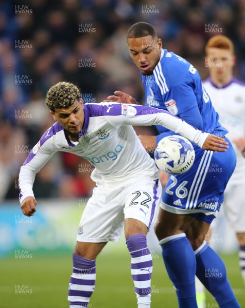 280417 - Cardiff City v Newcastle United, Sky Bet Championship - Kenneth Zohore of Cardiff City and Deandre Yedlin of Newcastle United compete for the ball