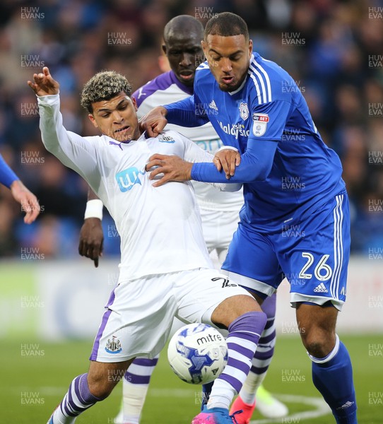 280417 - Cardiff City v Newcastle United, Sky Bet Championship - Kenneth Zohore of Cardiff City and Deandre Yedlin of Newcastle United compete for the ball