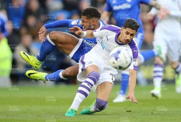 280417 - Cardiff City v Newcastle United, Sky Bet Championship - Kadeem Harris of Cardiff City is brought down by Ayoze Perez of Newcastle United