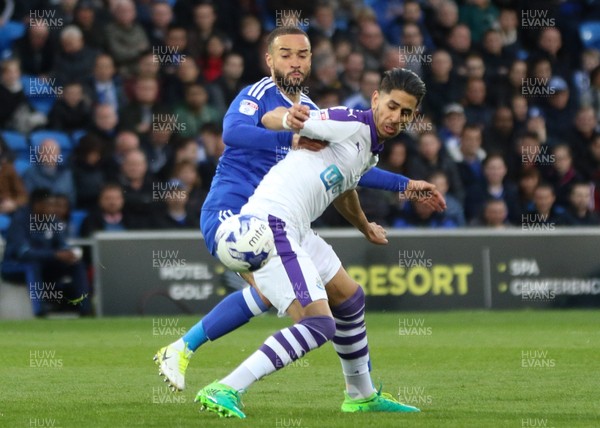 280417 - Cardiff City v Newcastle United, Sky Bet Championship - Jazz Richards of Cardiff City and Ayoze Perez of Newcastle United compete for the ball