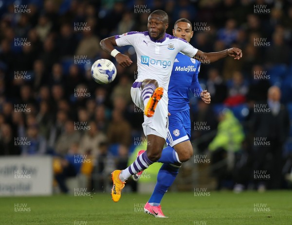 280417 - Cardiff City v Newcastle United, Sky Bet Championship - Chancel Mbemba of Newcastle United wins the ball