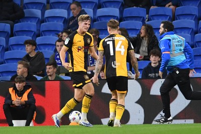 071025 - Cardiff City v Newport County - Vertu Trophy Group Stage - Tom Davies of Newport County celebrates scoring a goal with team mates