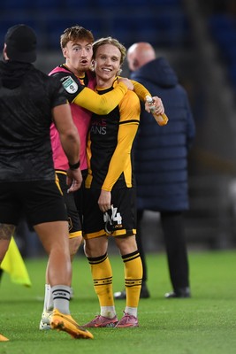 071025 - Cardiff City v Newport County - Vertu Trophy Group Stage - Michael Spellman of Newport County and Sam Braybrooke of Newport County celebrate the win at full time