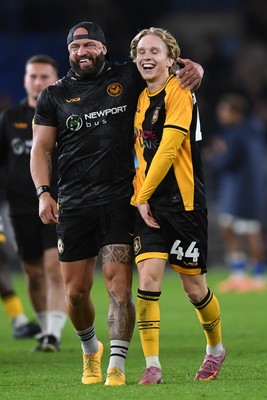 071025 - Cardiff City v Newport County - Vertu Trophy Group Stage - David Pipe and Sam Braybrooke of Newport County celebrate the win at full time