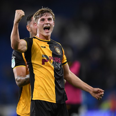 071025 - Cardiff City v Newport County - Vertu Trophy Group Stage - Tom Davies of Newport County celebrates the win at full time