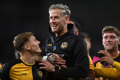 071025 - Cardiff City v Newport County - Vertu Trophy Group Stage - Newport County Manager, David Hughes celebrates the win with his team at full time
