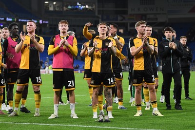 071025 - Cardiff City v Newport County - Vertu Trophy Group Stage - Newport players celebrate in front of their supporters at full time after the win