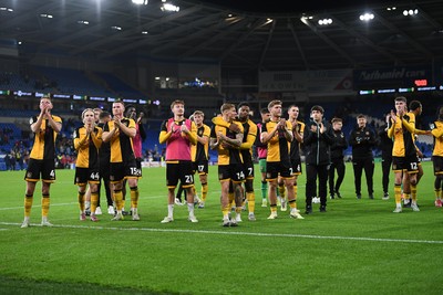 071025 - Cardiff City v Newport County - Vertu Trophy Group Stage - Newport players celebrate in front of their supporters at full time after the win