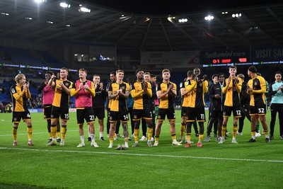 071025 - Cardiff City v Newport County - Vertu Trophy Group Stage - Newport players celebrate in front of their supporters at full time after the win