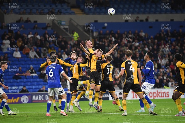071025 - Cardiff City v Newport County - Vertu Trophy Group Stage - Lee Jenkins of Newport County wins the header