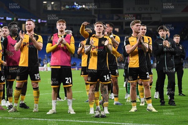 071025 - Cardiff City v Newport County - Vertu Trophy Group Stage - Newport players celebrate in front of their supporters at full time after the win
