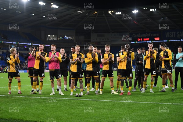 071025 - Cardiff City v Newport County - Vertu Trophy Group Stage - Newport players celebrate in front of their supporters at full time after the win